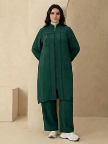 Graceveil 优雅纯色拉链长袖外套套装，阿拉伯风格女装，秋冬款 - 墨綠色 - 查看 3