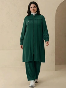 Graceveil 优雅纯色拉链长袖外套套装，阿拉伯风格女装，秋冬款 - 墨綠色 - 查看 6
