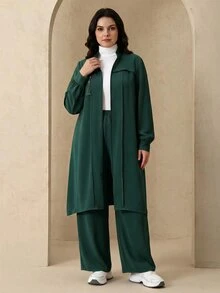 Graceveil 优雅纯色拉链长袖外套套装，阿拉伯风格女装，秋冬款 - 墨綠色 - 查看 4