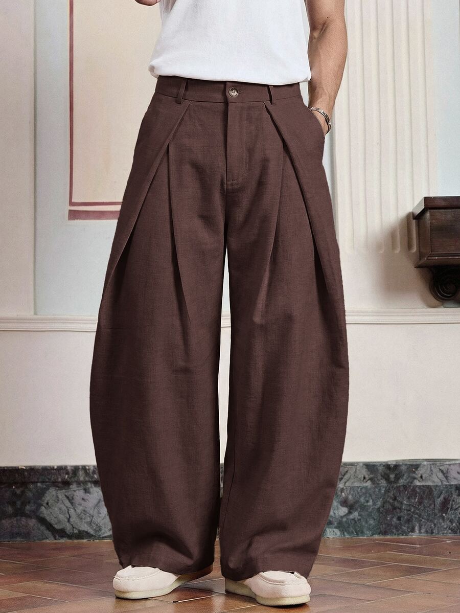 SWAVVY Men's Casual Fashion Street Daily Commute Minimalist Solid Color Pleated Loose Wide Leg Pants - Coffee Brown - View 1