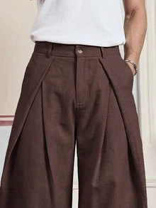 SWAVVY Men's Casual Fashion Street Daily Commute Minimalist Solid Color Pleated Loose Wide Leg Pants - Coffee Brown - View 3