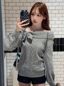 FRIFUL Sweater Fashion Wanita Lengan Panjang Model Off-Shoulder dengan Desain Simpul, Warna Polos, untuk Musim Gugur. - Grey - View 2