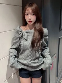 FRIFUL Sweater Fashion Wanita Lengan Panjang Model Off-Shoulder dengan Desain Simpul, Warna Polos, untuk Musim Gugur. - Grey - View 6