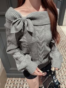 FRIFUL Sweater Fashion Wanita Lengan Panjang Model Off-Shoulder dengan Desain Simpul, Warna Polos, untuk Musim Gugur. - Grey - View 3