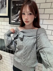 FRIFUL Sweater Fashion Wanita Lengan Panjang Model Off-Shoulder dengan Desain Simpul, Warna Polos, untuk Musim Gugur. - Grey - View 7
