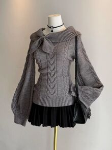 FRIFUL Sweater Fashion Wanita Lengan Panjang Model Off-Shoulder dengan Desain Simpul, Warna Polos, untuk Musim Gugur. - Grey - View 1