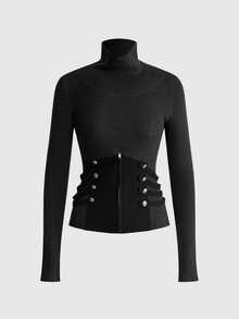 ROMWE Grunge Punk Hedi Punk Knight Napoleon Button Design Colorblock High Neck Fitted Sweater - Black - View 1