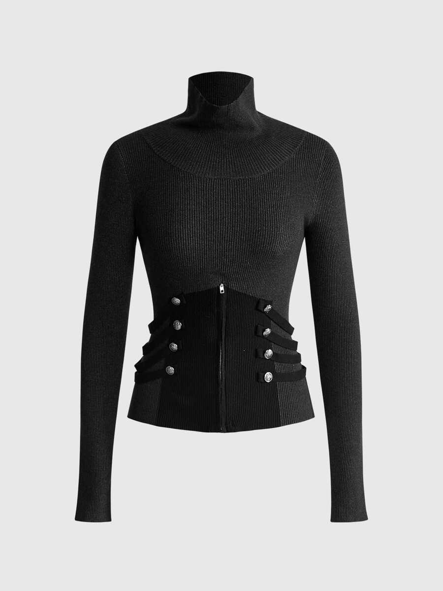 ROMWE Grunge Punk Hedi Punk Knight Napoleon Button Design Colorblock High Neck Fitted Sweater - Black - View 1