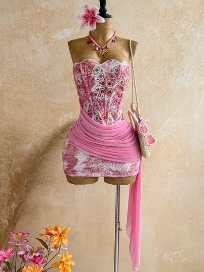 Soleia Đầm mini bustier nữ gợi cảm cho kỳ nghỉ, cúp ngực, ren vân nổi, xếp nếp lưới nhún, phong cách Bohemian, phù hợp đi biển, du thuyền, road trip, du lịch thành phố, hẹn hò, trà chiều, ven biển, nghỉ dưỡng đảo, mùa hè, lễ hội âm nhạc, đi làm hàng ngày, mùa cưới, tiệc tùng, carnival