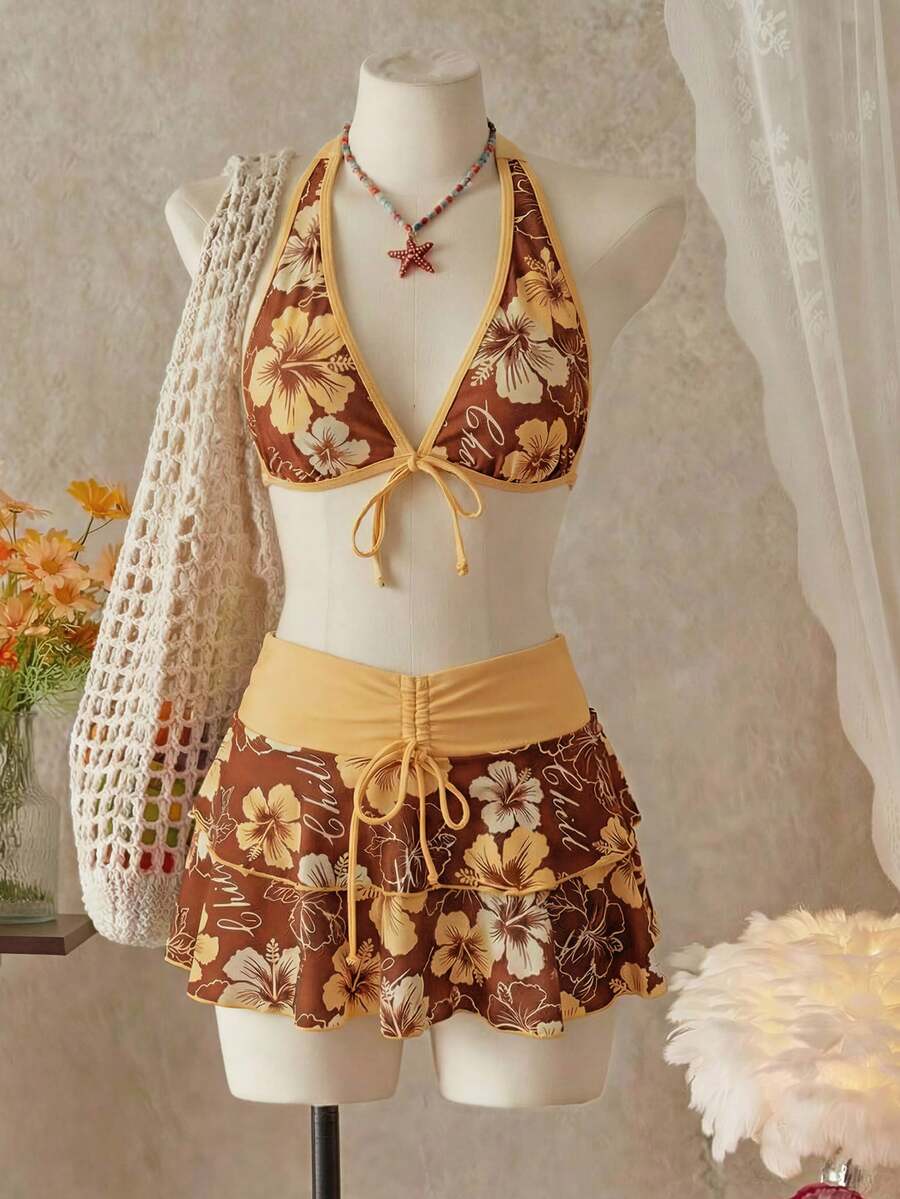 Bellisia 女士夏季沙滩音乐节碎花半身吊带休闲度假风比基尼三件套 - 彩色 - 查看 1