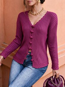Selianne Elegant V-Neck Single-Breasted Long Sleeve Cardigan For Women - Hot Pink - View 4