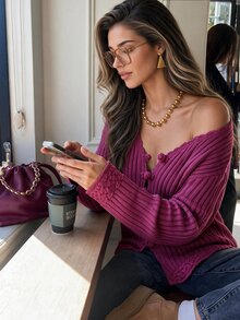 Selianne Elegant V-Neck Single-Breasted Long Sleeve Cardigan For Women - Hot Pink - View 6