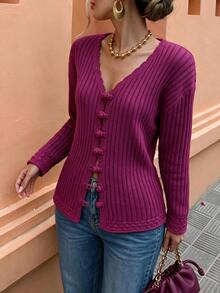Selianne Elegant V-Neck Single-Breasted Long Sleeve Cardigan For Women - Hot Pink - View 3