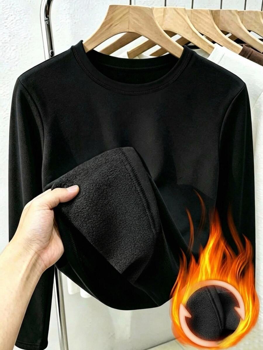 DAZY Women's Winter Versatile Solid Color Fleece Lined T-Shirt - Black - View 1