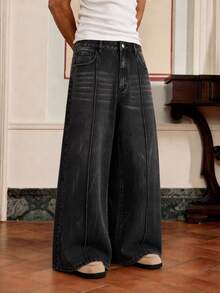 NEON BLANC Men's Casual Washed Wide Leg Denim Jeans, Grunge, Plain, Pocket, Urban, Work - Black - View 2