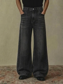 NEON BLANC Men's Casual Washed Wide Leg Denim Jeans, Grunge, Plain, Pocket, Urban, Work - Black - View 8