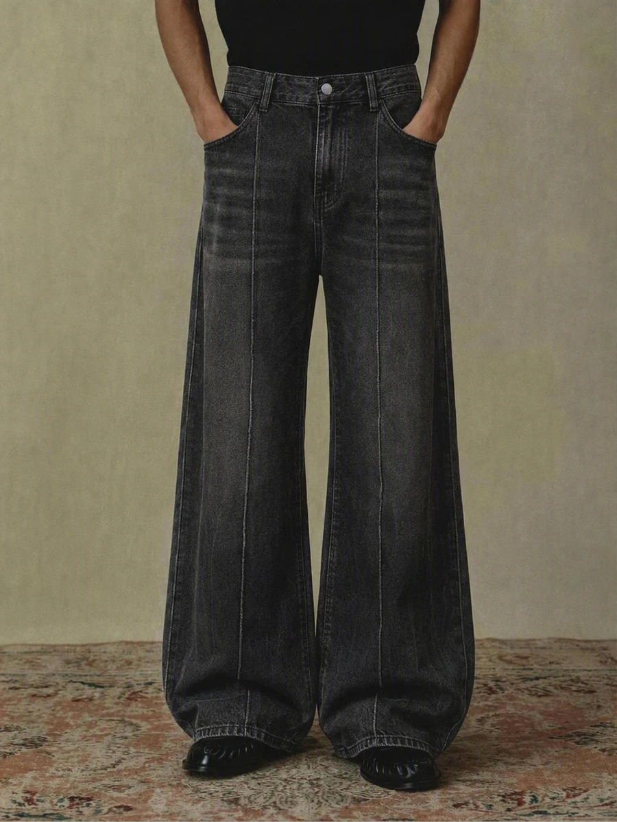 NEON BLANC Men's Casual Washed Wide Leg Denim Jeans, Grunge, Plain, Pocket, Urban, Work - Black - View 1