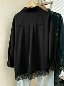 Franclia 女款休閒法式優雅通勤蕾絲拼接襯衫 辦公室穿搭 黑色 秋季 - 黑色 - 查看 2
