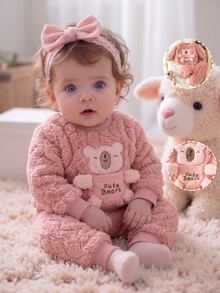 SHEIN 2pcs Newborn Baby Girl Sweatshirt Pants Sets Cute Sweet Pink 3D Bear Plush Ears Long Sleeve Thick Outdoor Winter Fall Style Autumn Halloween Christmas - Pink - View 4