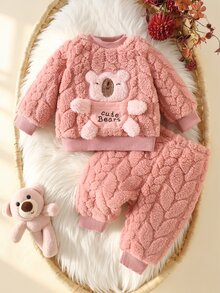 SHEIN 2pcs Newborn Baby Girl Sweatshirt Pants Sets Cute Sweet Pink 3D Bear Plush Ears Long Sleeve Thick Outdoor Winter Fall Style Autumn Halloween Christmas - Pink - View 3