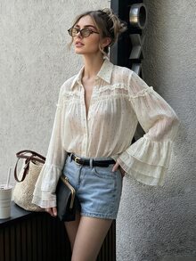 Anewsta Blus Wanita Elegan Lengan Panjang Berlapis-lapis dengan Ruffle, Potongan Longgar, Serbaguna untuk Beraktivitas di Luar Rumah, Kerah Polkadot - Putih - View 1