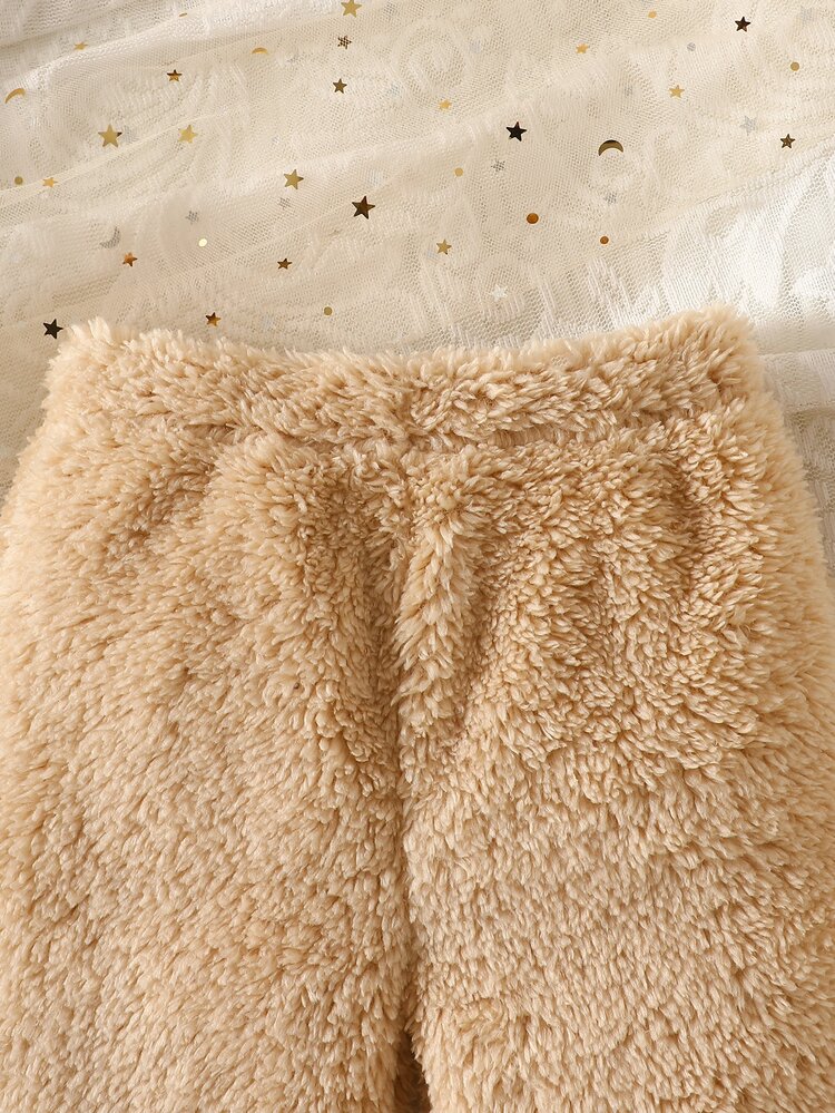 SHEIN 2pcs/Set Baby Boy & Girl Soft Cute Style 3D Bear Ears Cartoon Bear Applique Embroidery Long Sleeve Plush Top And Plush Pants, Exquisite Embroidery, Soft & Comfortable Fabric, Suitable For Daily Wear, Party, Celebration, Autumn/Winter New Arrival, 0-12 Months - Apricot - View 5