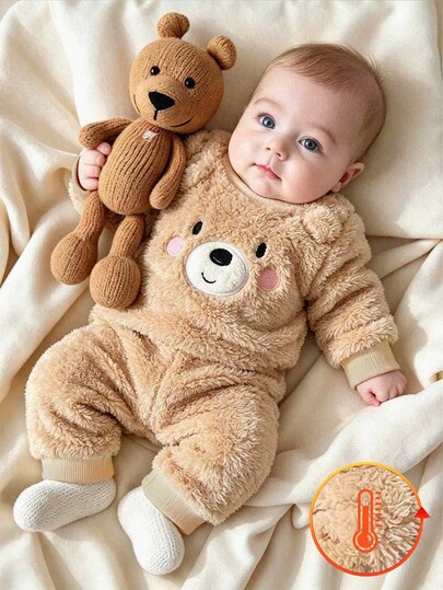 SHEIN 2pcs/Set Baby Boy & Girl Soft Cute Style 3D Bear Ears Cartoon Bear Applique Embroidery Long Sleeve Plush Top And Plush Pants, Exquisite Embroidery, Soft & Comfortable Fabric, Suitable For Daily Wear, Party, Celebration, Autumn/Winter New Arrival, 0-12 Months