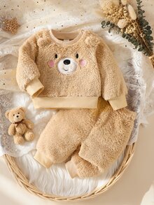 SHEIN 2件組嬰兒男孩女孩軟萌可愛風 3D熊耳朵卡通熊貼花刺繡長袖毛絨上衣與毛絨長褲，精緻刺繡，柔軟舒適面料，適合日常穿著、派對、慶祝，秋冬新品，0-12個月 - 杏色 - 查看 3