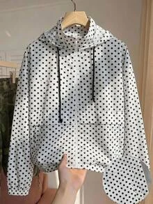 SHEIN EZwear Jaket Berkerudung Motif Polkadot Ukuran Besar - Hitam dan Putih - View 1
