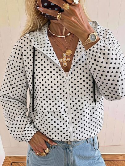 SHEIN EZwear Plus Size Polka Dot Print Hooded Jacket