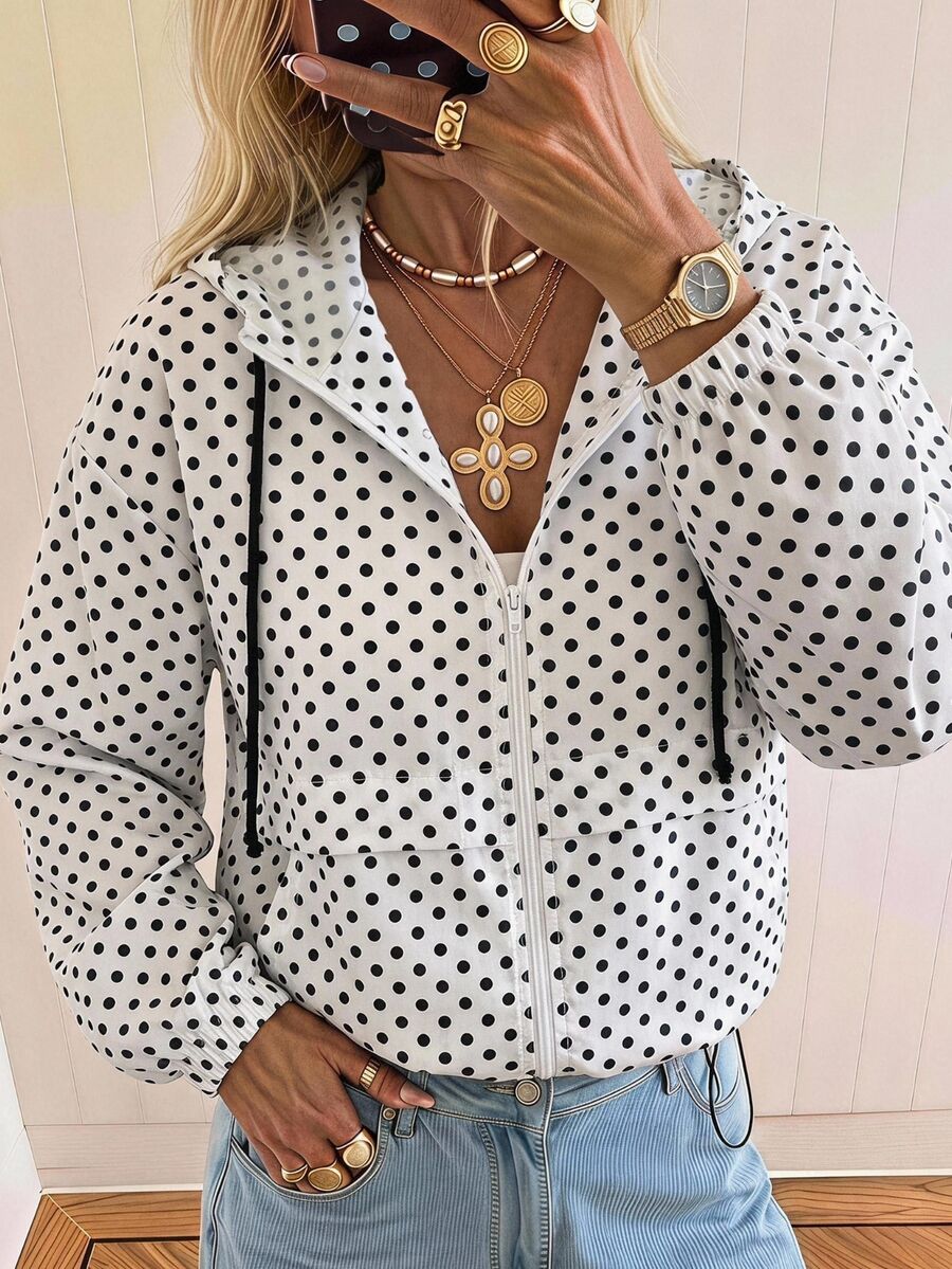 SHEIN EZwear Plus Size Polka Dot Print Hooded Jacket Fall - Black and White - View 1