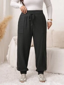 SHEIN LUNE 大尺碼修身軍綠色休閒運動長褲，附口袋 - 黑色 - 查看 4