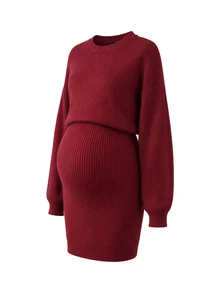 Momance Maternity Solid Color Round Neck Drop Shoulder Long Sleeve Casual Knit Dress - Burgundy - View 3
