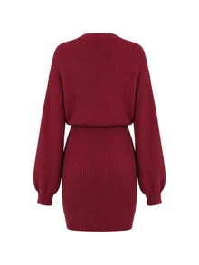 Momance Maternity Solid Color Round Neck Drop Shoulder Long Sleeve Casual Knit Dress - Burgundy - View 2