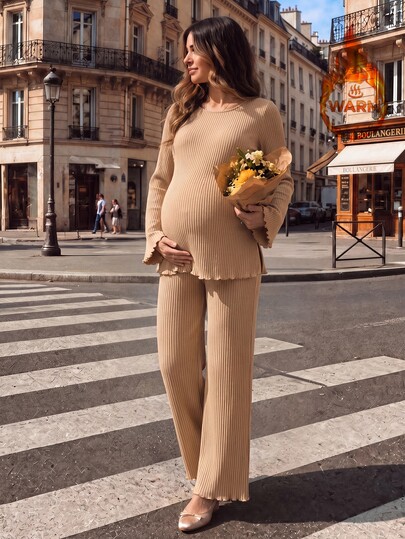 SHEIN Women's Casual Cute Tan Long Sleeve Maternity Pants Set With Split Hem Autumn Photoshoot Formal