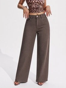 SHEIN PETITE بنطلون جينز نسائي كاجوال متعدد الاستخدامات مع جيوب وأزرار للارتداء اليومي - بني - مشاهدة 7