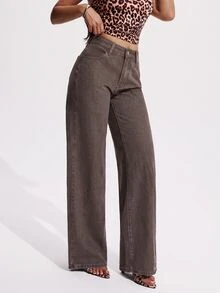 SHEIN PETITE بنطلون جينز نسائي كاجوال متعدد الاستخدامات مع جيوب وأزرار للارتداء اليومي - بني - مشاهدة 4