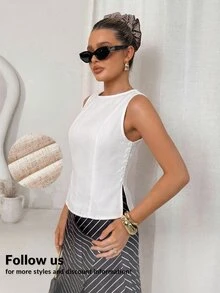 Lavishia 女款休閒極簡優雅側扣無袖襯衫，夏季上衣，適合辦公室與早午餐，白色 - 白色 - 查看 7