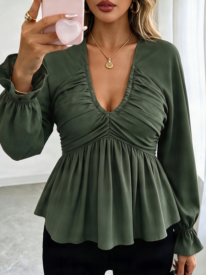 Elenzga Women's Plus Size Army Green V-Neck Double Layer Ruffled Chest Waist-Cinching A-Line Long Sleeve Blouse With Raglan Sleeves And Ruffle Cuffs, Elegant Casual Vacation French Girl Vintage Romantic Commute European American Street Style Minimalist Versatile Afternoon Tea Party Back To School Christmas Halloween Autumn/Winter New