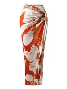 Swim Oasis 2pcs/Set Women One-Piece Solid Color Ruched Monokini With Printed Sarong - Orange - View 4