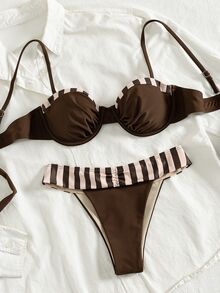 Swim Chiccia Women's Beach Music Festival Spring & Summer Steel Frame Bag, Fine Straps Striped Print Backless High-Waisted Tights Fashion Elegant Bikini Set - Brown - View 4