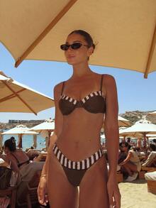Swim Chiccia Women's Beach Music Festival Spring & Summer Steel Frame Bag, Fine Straps Striped Print Backless High-Waisted Tights Fashion Elegant Bikini Set - Brown - View 1