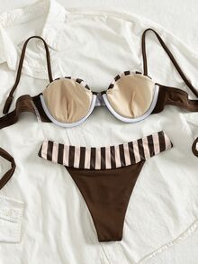 Swim Chiccia Women's Beach Music Festival Spring & Summer Steel Frame Bag, Fine Straps Striped Print Backless High-Waisted Tights Fashion Elegant Bikini Set - Brown - View 2