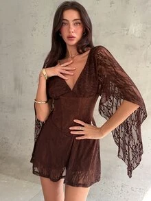 Aloruh 女款深V領收腰魚骨傘擺迷你洋裝，棕色秋季優雅性感，適合夜生活、雞尾酒會、萬聖節派對 - 棕色 - 查看 5