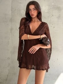 Aloruh 女款深V領收腰魚骨傘擺迷你洋裝，棕色秋季優雅性感，適合夜生活、雞尾酒會、萬聖節派對 - 棕色 - 查看 4
