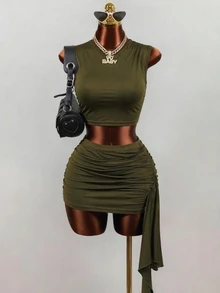 BamGleam Summer Sexy Casual Slim Fit Knit Set, Olive Green Sleeveless Ruched Cropped Top Exposed Waist, Low Waist Ruched Side Tie Skirt, 2-Piece Set - Green - View 2