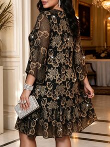 SHEIN LUNE Plus Size Women French Casual Elegant Mesh Print Long Sleeve Round Neck Dress - Black - View 2