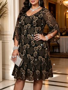 SHEIN LUNE Plus Size Women French Casual Elegant Mesh Print Long Sleeve Round Neck Dress - Black - View 4