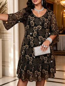 SHEIN LUNE Plus Size Women French Casual Elegant Mesh Print Long Sleeve Round Neck Dress - Black - View 5