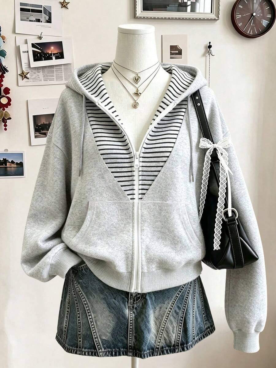 Lalippa 女款外套上衣 秋冬新款 條紋圖案 黑白條紋印花 雙層抓絨女款拉鍊連帽衛衣 學生 戶外 攝影街拍 - 彩色 - 查看 1